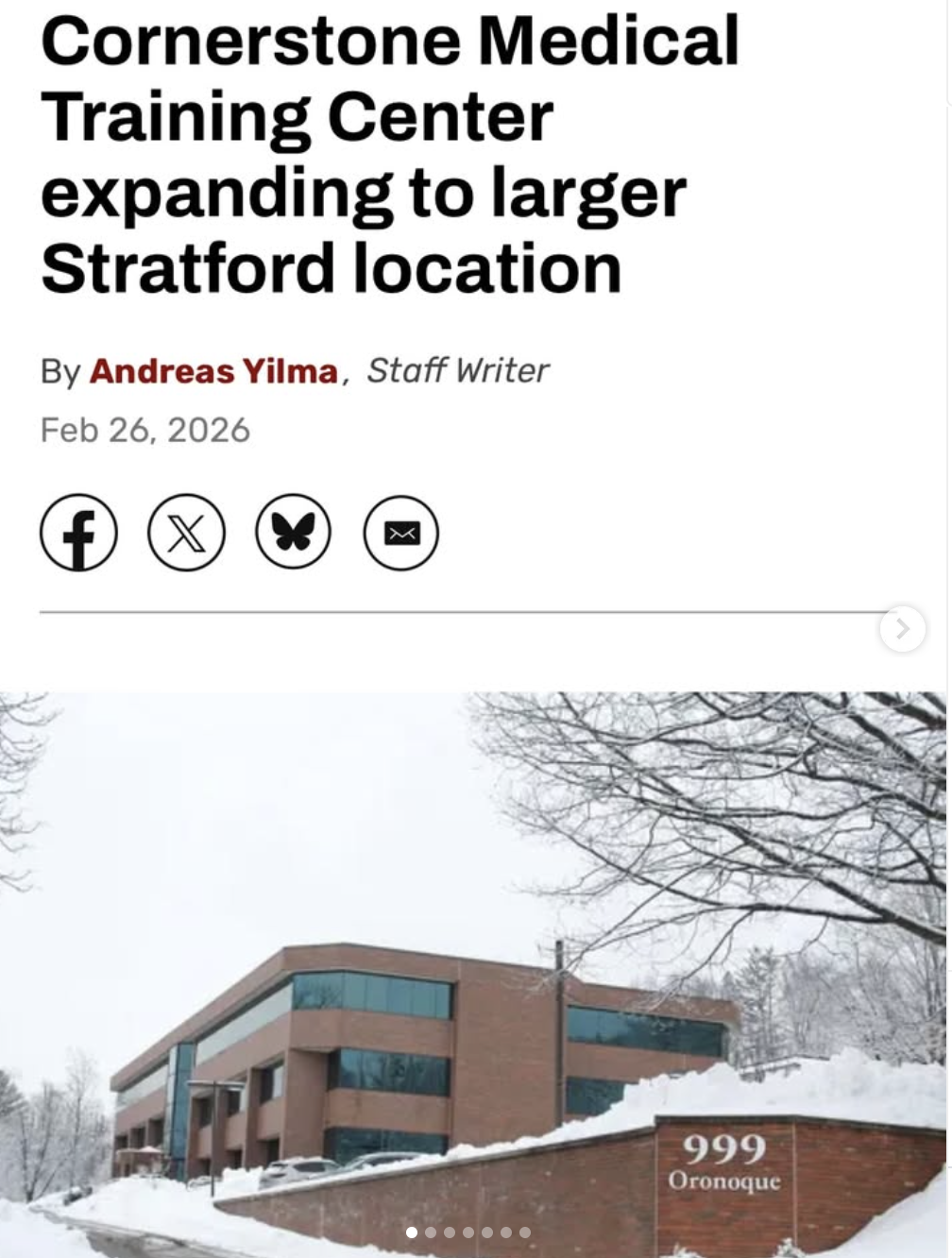 Local news headline: Cornerstone Medical Training Center expanding to larger Stratford location.